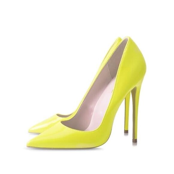 Elizabeth Tang Neon Yellow Pointed Toe Stiletto Glossy Dressy Heel Pumps Size 10 - Picture 4 of 16